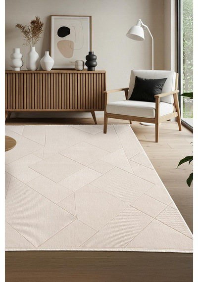 Leon Ln002w Beyaz Halı Modern Desen Pamuk Taban Akrilik Tozuaz Salon Yatak Odası Koridor Halısı-688 Krem