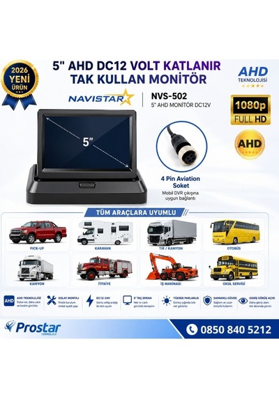 5 İnç Ahd Katlanabilir Araç Monitörü - 1080p, Mobil Dvr Uyumlu 4-pin, Dc12-24v
