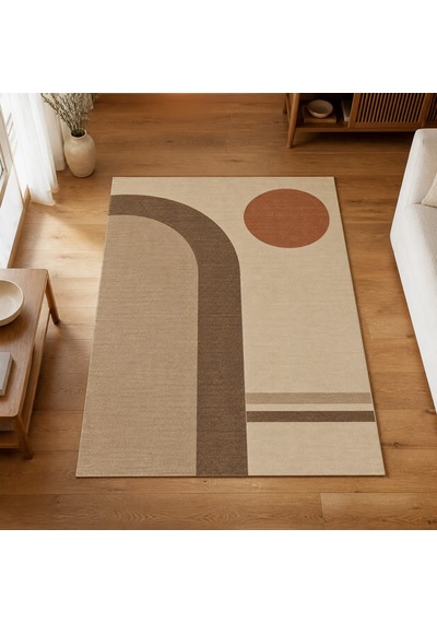 Kartela Halı Japandi Kemer Desenli Halı Bej Kaymaz Taban Makinede Yıkanabilir 180x270 Cm