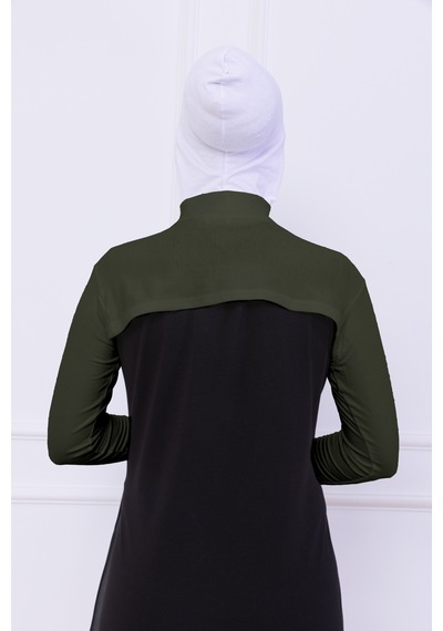 Loggia Balıkçı Yaka Boyunluklu Kolluk Haki Yeşil - Likralı Dik Yakalı Kadın Body Tesettür Crop Bolero Haki
