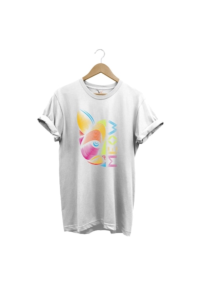 Meow Renkli Geometrik Kedi Baskılı %100 Pamuk Unisex Regular Fit T-shirt Beyaz