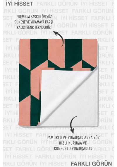 Geometrik Modern Şık Plaj Havlusu - Retro Somon Yeşil Akdeniz Hızlı Kuruyan Mikrofiber Havlu Eski Yasemin