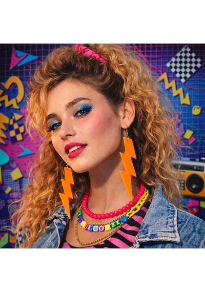 80 Ler 9039lar Retro Neon Turuncu Şimşek Küpe 10 Cm "