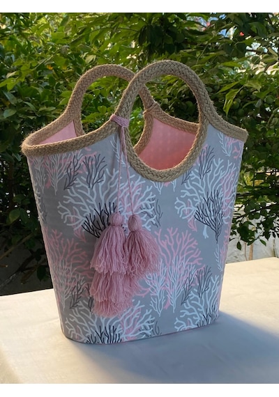 Jüt Hasır Pembe Mercan Plaj Çantası Pembe