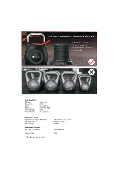 Slazenger K002 Ayarlanabilir Kettlebell 20 Kg Tekli