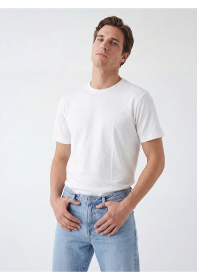 Noux Pamuk Basic Esnek Bisiklet Yaka Erkek T-shirt Beyaz