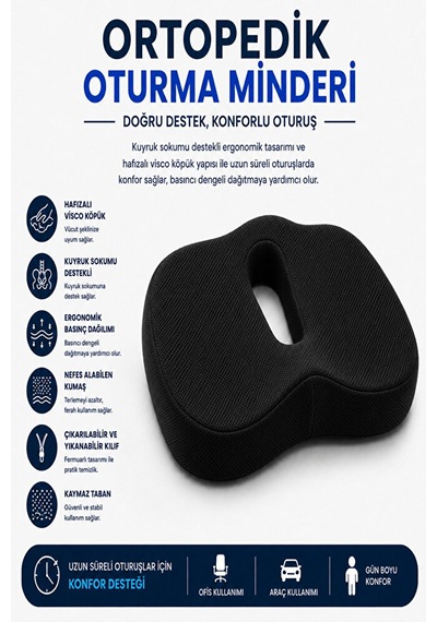 Ortopedik Oturma Minderi Kuyruk Sokumu Destek Minderi Uzun Süreli Oturuşlar İçin Ergonomik Ofis Ve Siyah