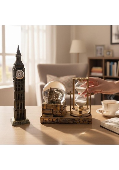 Kişiye Özel Big Ben Saatli Kum Saati Ve Bıg Ben Kar Küresi Dekoratif Masaüstü Hediye Seti