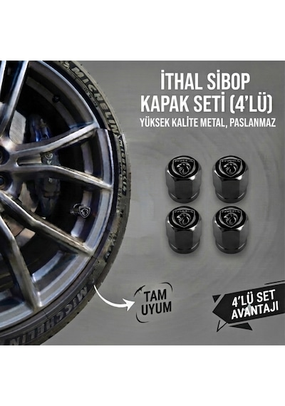 Peugeot Grubu İle Uyumlu Yeni Logo Alüminyum Altıgen Sibop Kapak Seti Siyah - İthal Sibop Kapağı 4lü Set