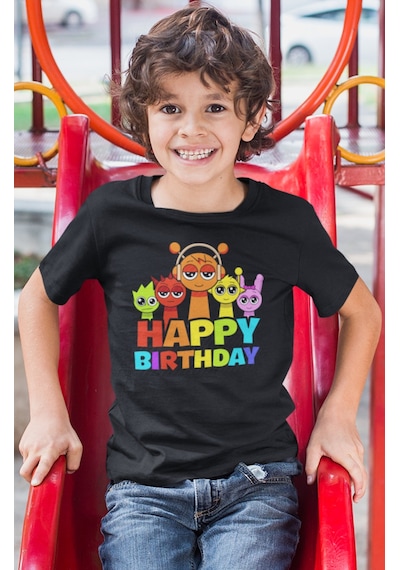 Sevbano Sprunki Doğum Günü Baskılı Unisex Çizgi Film Çocuk Tişört 1-12 Y Siyah