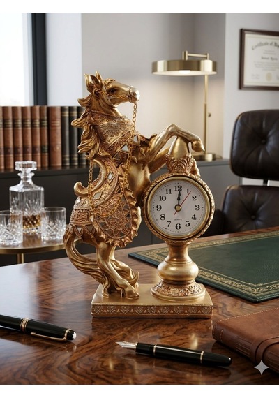 Dekoratif Sevgiliye Babaya Yöneticiye Özel Lüks Hediye At Heykeli Ev Ofis Masaüstü Saati 25x16 Cm Gold