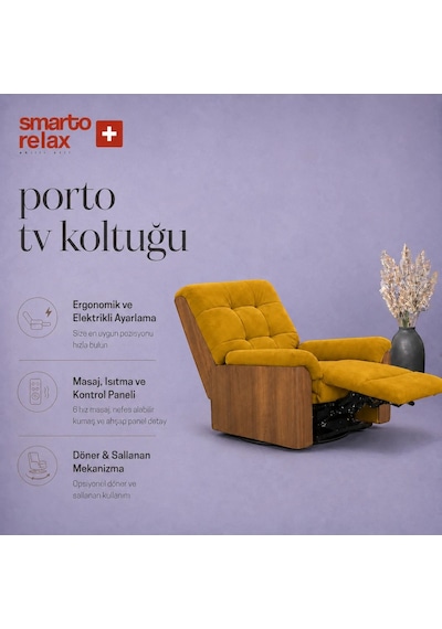 Smarto Relax Porto Tv Koltuğu Elektrikli Masajlı Isıtmalı Döner Sallanan Ahşap Yan Panelli Polyester Kumaş Baba Koltuğu Sarı