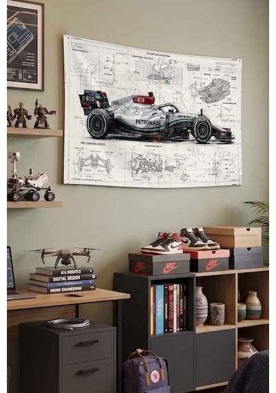 Mercedes Amg Petronas F1 Teknik Çizim Dekoratif Duvar Örtüsü Duvar Halısı Beyaz