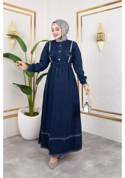 Harman Butik Kadın Püsküllü Denim Kot Elbise Lacivert Lacivert