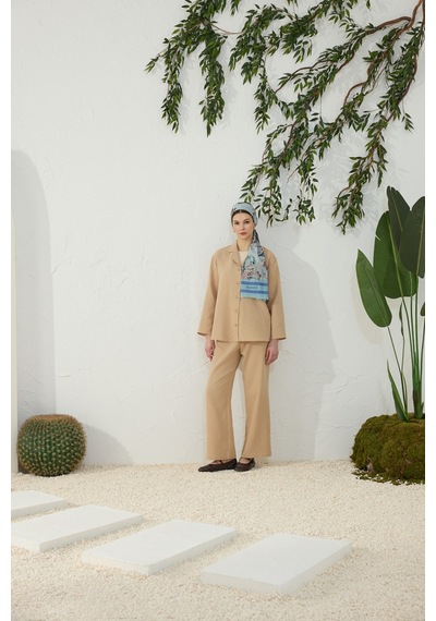 Aker Camel Düşük Omuz Ceket Yaka Pijama Üstü Camel Camel