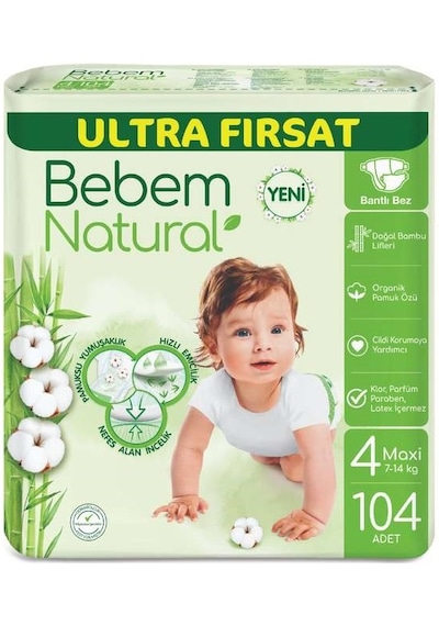 Bebem Bebek Bezi Natural Beden:4 7-14kg Maxi 208 Adet 4 Numara