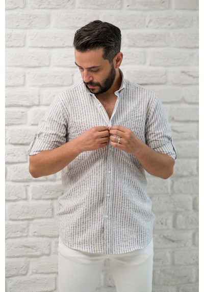 Slimfit Fit Yaka Düğmeli Çizgili Yazlık Gofre Kumaş Erkek Gömlek Gri