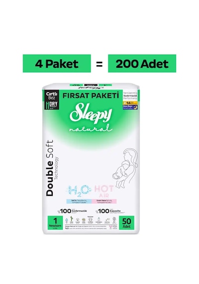 Sleepy Natural Double Soft Mega Fırsat Paketi Bebek Bezi 1 Numara Newborn 200 Adet