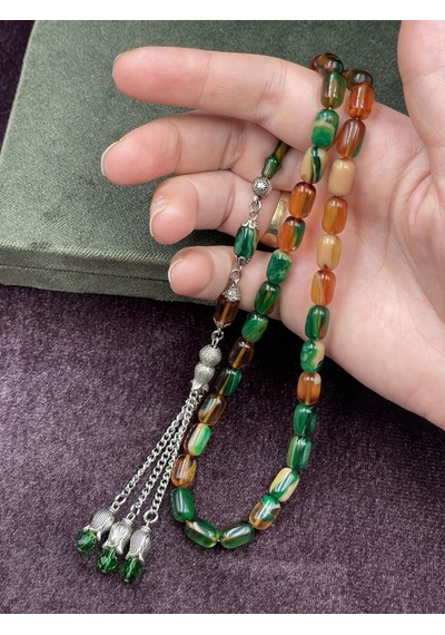 Alpaka Yeşil Damla Uçlu Turuncu-yeşil-krem Tonları Sıkma Kehribar Tesbih 7x11 Mm