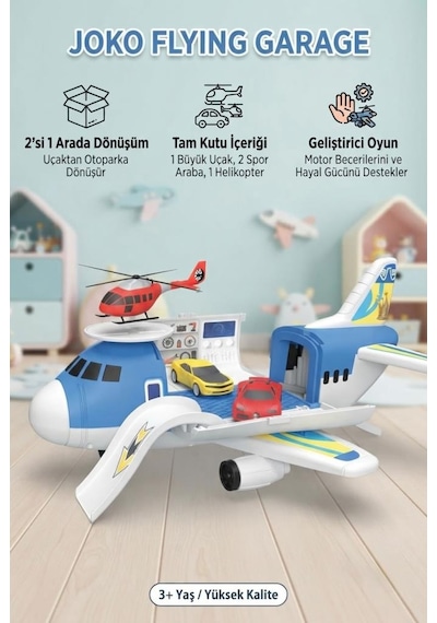 Uçak Otoparkım - 2'si 1 Arada Dönüşen Uçak Oyun Seti Ve Araç Bakım İstasyonu 32 Cm 2 Spor Araba + 1 Helikopter