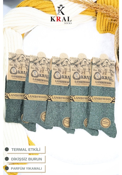 Kral Socks Erkek Kışlık Termal Etkili 5'li Paket Lambswool Kuzu Yün Çorap Haki
