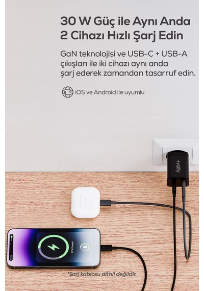 Hızlı Şarj Adaptörü 30w Pd Gan, Usb-c & Usb-a, İphone & Samsung Uyumlu, 55gr Siyah-v0102009