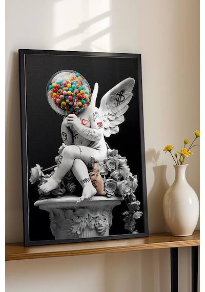 Pop Art Cupido Eros Melek Heykeli Grafiti Çerçeveli Tablo Sokak Sanatı Ofis İş Yeri Dekoru Modifiye Sanat
