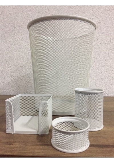 Metal Per Masa Kalemlik Ataşlık Küpnotluk Çöp Kovası 4lü Beyaz