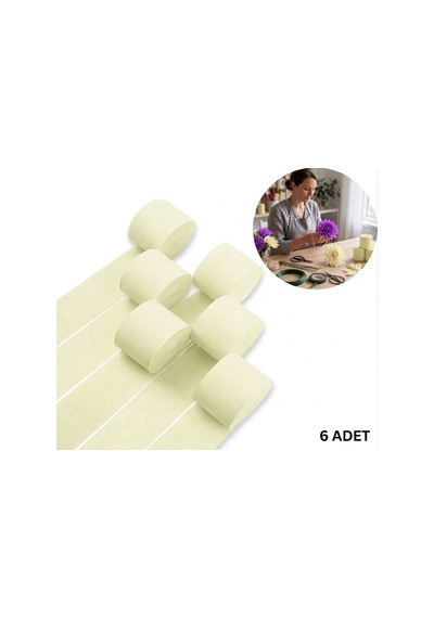 Krem Şerit Krapon Kağıdı Rulosu, Çiçek Yapım, Parti, El İşi Süsleme Kağıdı, 6 Adet, 4.5 Cm X 22metre