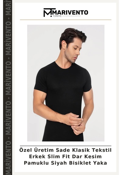 Marivento Özel Üretim Sade Klasik Tekstil Erkek Slim Fit Dar Kesim Pamuklu Siyah Bisiklet Yaka