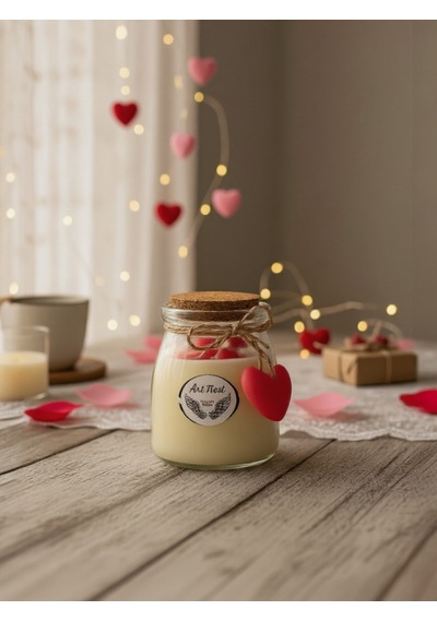 Aşk Temalı Gül Kokulu Kavanoz Mum, Hediyelik Ve Ev Dekorasyonu, Sevgililer Günü Beyaz