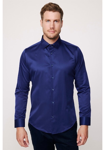 Tudors Slim Fit Uzun Kollu Pamuklu Düz Erkek Lacivert Gömlek-19031 Lacivert