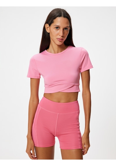 Koton Crop Spor Tişört Slim Fit Bisiklet Yaka Katlı Kısa Kollu Pembe 4sak10284nk Gül