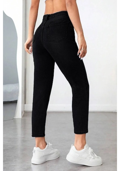 Woddi Mom Siyah Kadın Likralı Mom Jean Kot Pantolon-2