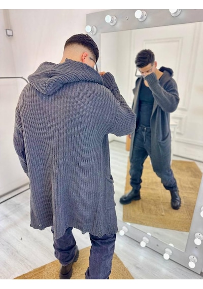 Elku Moda Hırka Kapüşonlu Cepli Naturel Pamuk Lazer Kesim Yırtık Detaylı Örgü Triko Uzun Panço Hırka Füme