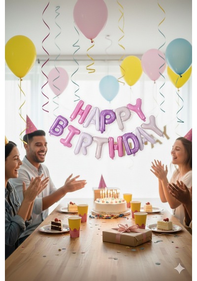 35 Cm Happy Birthday Pembe Mor Harf Folyo Balon Seti - Doğum Günü Parti Dekorasyonu Çok Renkli