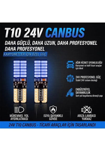 24 Ledli Dipsiz T10 Park Ampulü Mavi Işık 2 Adet 24 Volt