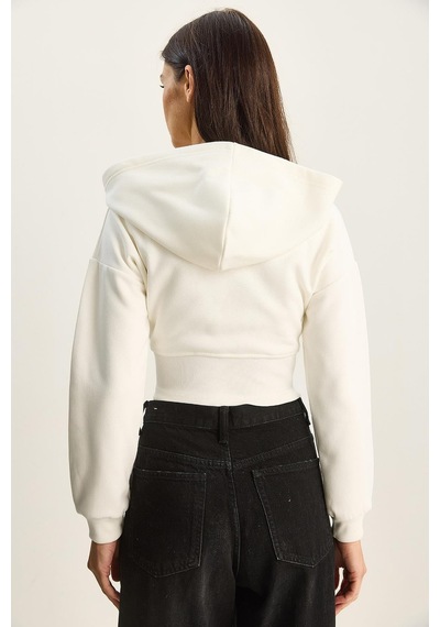 Shade Kadın Nyc Nakışlı Üç İplik Şardonlu Kapüşonlu Crop Hırka 6942 60283794 - Beyaz