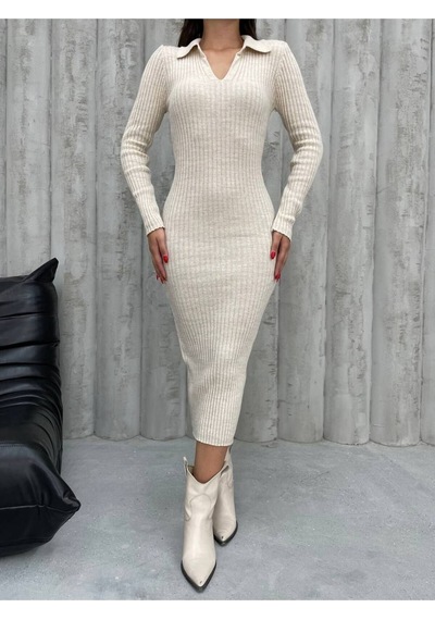 Msm Fashion Kadın Elbise Uzun Triko Kışlık Polo Yaka Likralı Kalem Elbise Bej