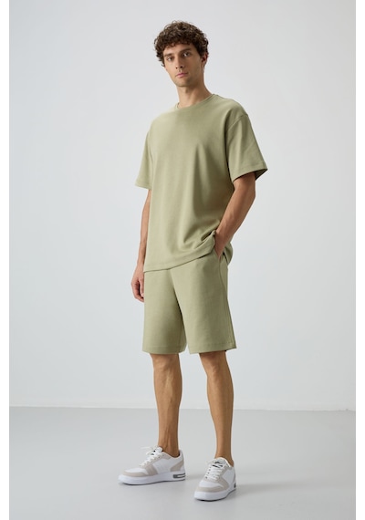 Tommy Life Açık Çağla Pamuklu Kalın Yumuşak Dokulu Oversize Fit Basic Erkek Şort Takım - 85249 Yeşil