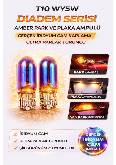 T10 Wy5w Diadem Serisi Amber Park Ve Plaka Ampulü, Gerçek İridyum Cam Kaplama, Ultra Parlak Turuncu