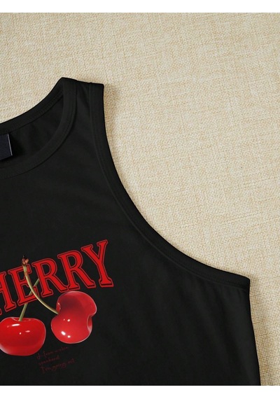Afri Kadın Siyah "Cherry" Baskılı Kolsuz Crop Atlet - Yazlık Sokak Stili Siyah