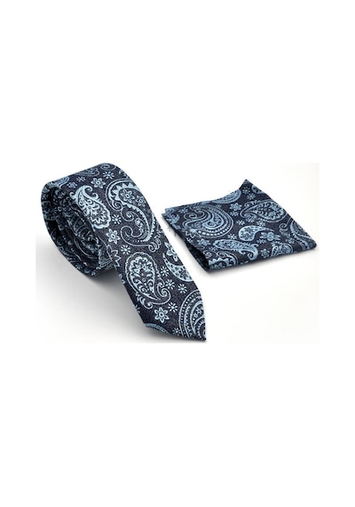 Gaffy Mavi Şal Desenli Lacivert Dokuma Kumaş Mendilli Slim Fit Kravat Lacivert - Mavi