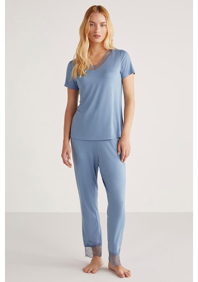 Penye Mood Kadın Kısa Kol Dantelli İndigo Pijama Takımı C6t5n4o9 001