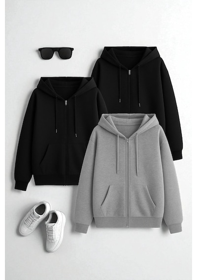 Uyguntarz Unisex Siyah & Siyah & Grifermuar Kapüşonlu Sweatshirt 3 Lü Fırsat Paketi Çok Renkli