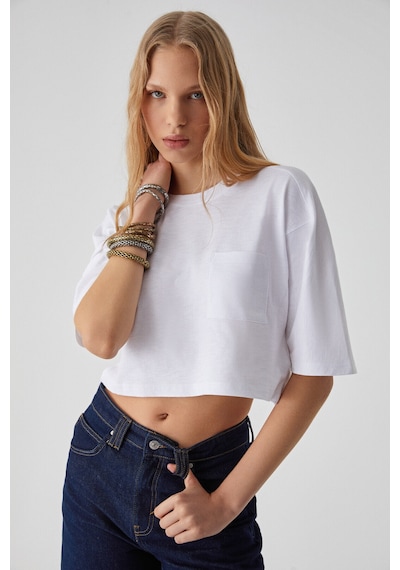 Ethıquet  QEFKOP Kadın %100 Pamuk Bisiklet Yaka Oversize Beyaz T-Shirt