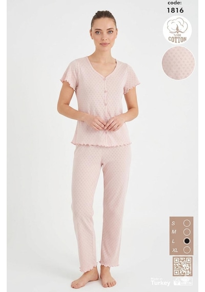 Seamlife Kadın %100 Pamuk Kalp Desenli Önü Düğmeli Kısa Kollu Pijama Takımı Pudra