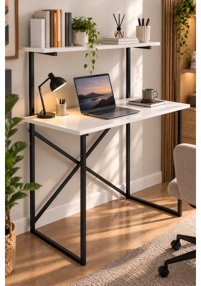 Sulorahome Raflı Çalışma Masası Beyaz Ve Siyah Metal Ayaklı Beyaz - Siyah Sulorahome Raflı Çalışma Masası Beyaz Ve Siyah Metal Ayaklı Beyaz - Siyah