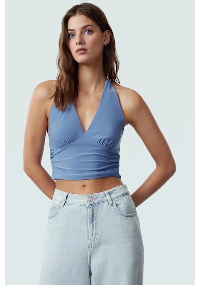 Ersefa Vücuda Oturan Boyundan Bağlamalı Crop Bluz Polyester Elastan Sand Mavi