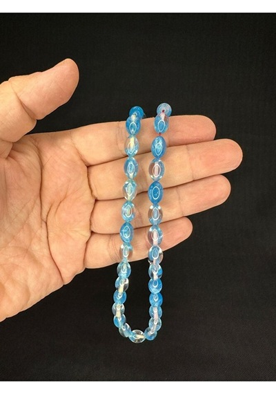 Toz Kehribar Tesbih Mavi Renkli Beyzi Kesim 10mmx6,5mm T-680